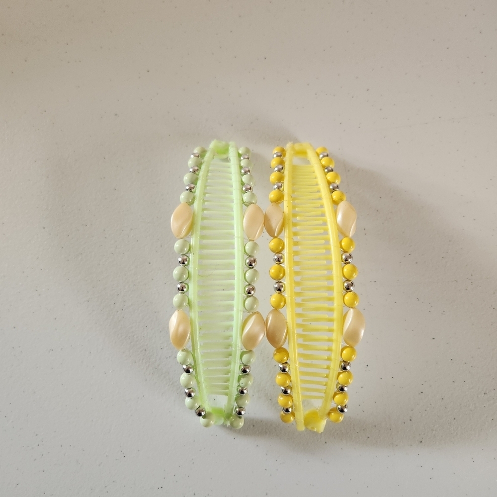 Vintage Hair Cincher Comb Banana Clip Set 6" 1980s Ponytail Holder Green Pearls - Picture 2 of 4